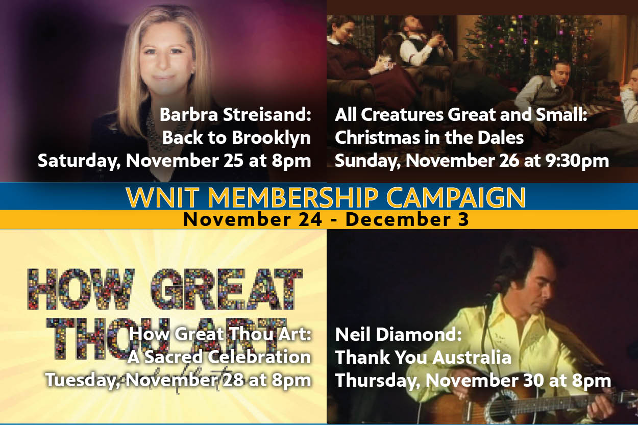 WNIT Membership Campaign. November 24 - December 3. Barba Streisand: Back to Brooklyn. Saturday, November 25th at 8pm. All Creatures Great and Small Sunday November 5th at 3:00 and November 26th at 9:30pm. How Great Thou Art: A Sacred Celebration on Tuesday November 28th at 8pm. Neil Diamond Thank you Australia: Thursday, November 30 at 8pm.