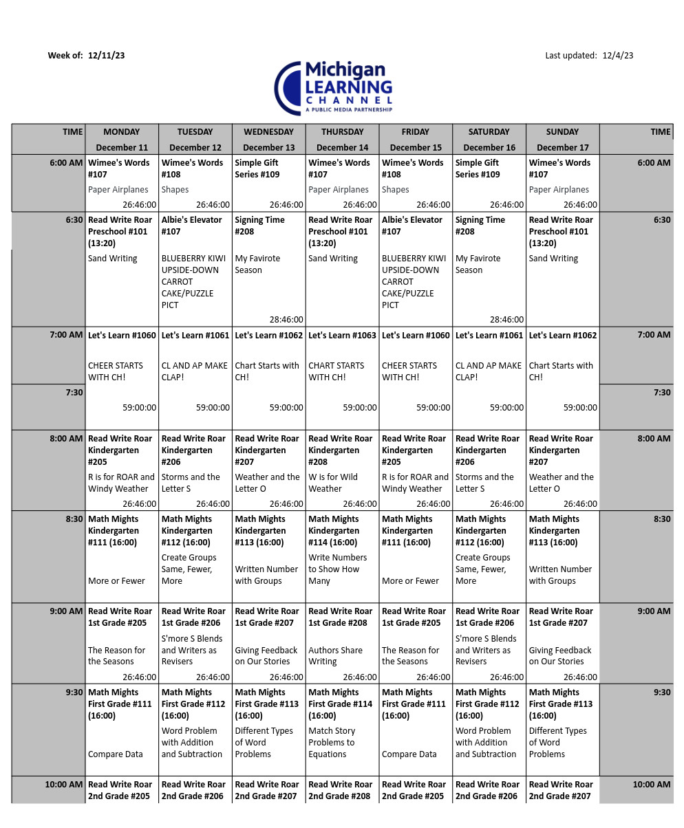 Image of Downloadable 34.5 Michigan Learning Chhanel Schedule